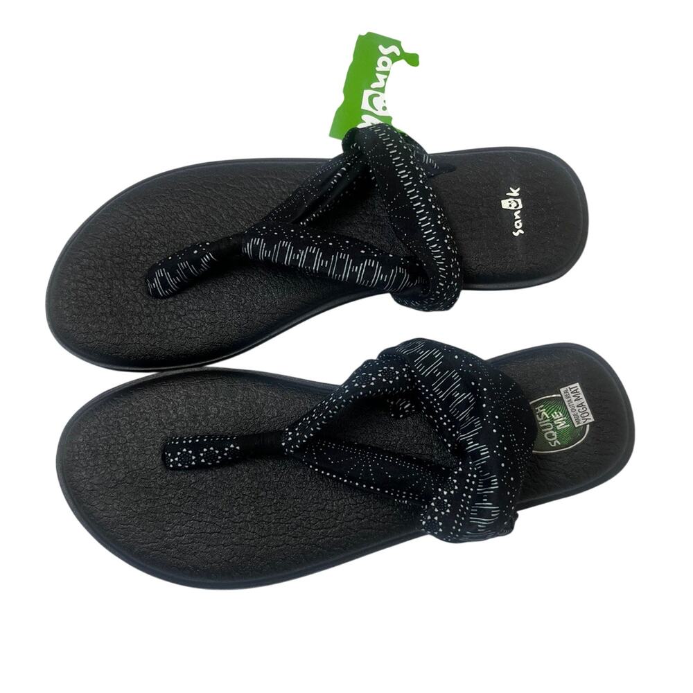 SANUK Yoga Sling 2 Sandals Sz 10 Black White Print Knit Strap Yoga Mat Cushion